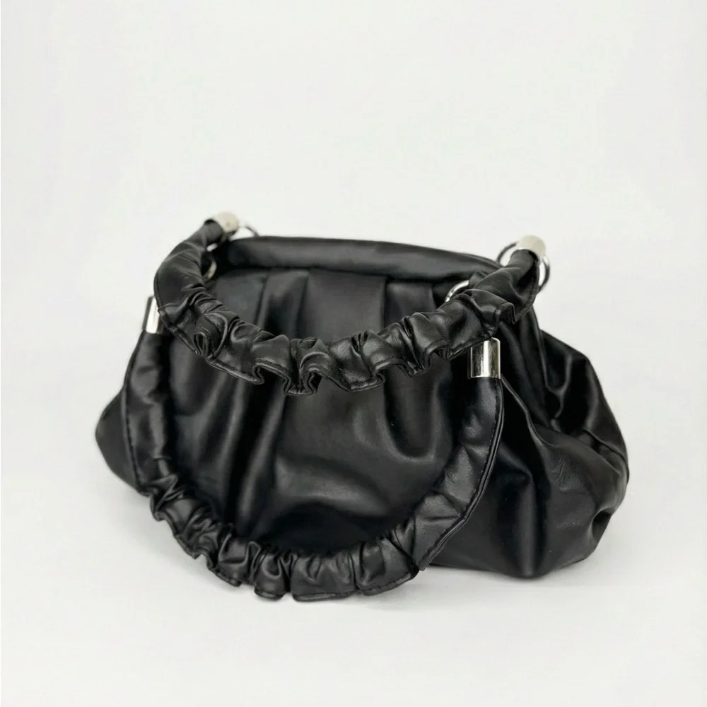Black Ruched Top Handle Dumpling Bag Soft Vegan Leather Cloud Purse - Picture 6 of 7